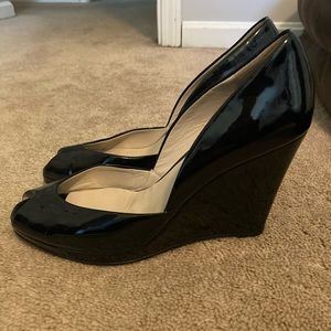 Michael Kors peep toe patent wedges